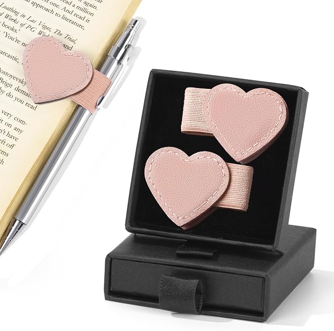 2Pcs Magnetic Leather Heart Bookmarks with Pen Holder, Cute Book Markers Clip with Gift Box, Reading Accessories for Book Lovers Women Teachers Students, Pink