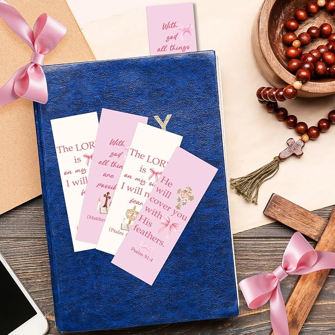 100 Pcs Christian Bookmarks, Religious Pink Bow Cross Flower Paper Bookmark Bulk for Women, Inspirational Bible Verse Book Mark Gift for Reading Lovers Church Accessories