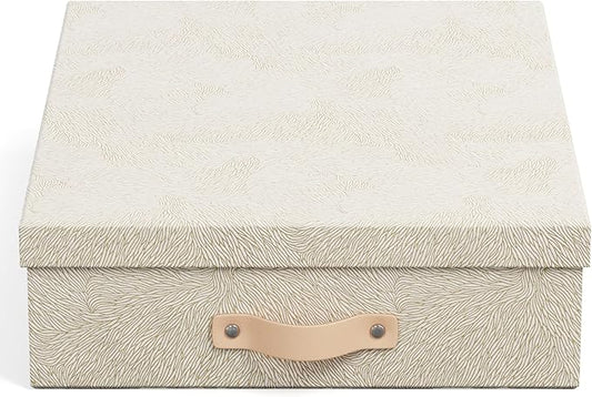 Bigso Oskar Fiberboard Document Storage Box with Lid for A4 and Letter Size Papers - Stylish, Sturdy, and Stackable Keepsake Box with Leather Handle - W10.2in x D13.8in x H3.3in - Waves Gold