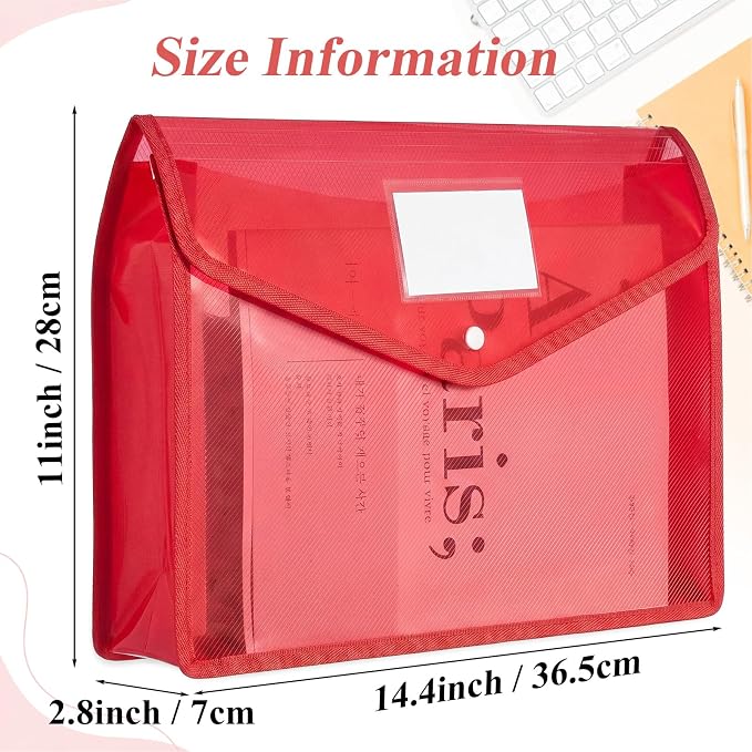 Epakh 10 Pieces Plastic File Folders Envelope Expanding File Wallet Organizer Documents Folder with Snap Closure and Pocket B4 Waterproof Transparent Pouch for School Office(Red,Horizontal)