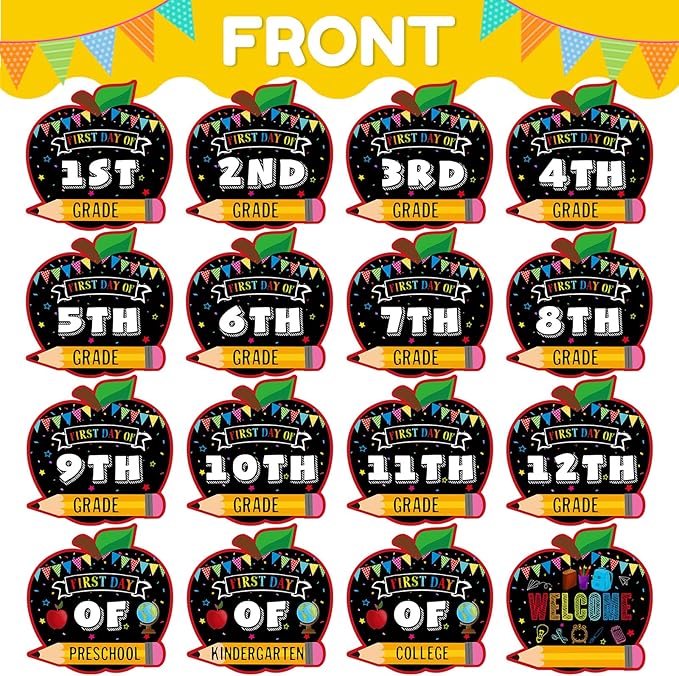 Pasimy 16 Pcs First and Last Day School Grad Signs Reversible Reusable Paper Apple Chalkboard Signs Back to School Photo Prop Preschool Kindergarten 1st-12th Grades to College for Kids Girl Boy