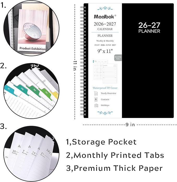 Planner 2026-2027, Academic Planner2026-2027 - 2026-2027 Weekly and Monthly Planner, A4(9" x 11"), July 2026 - June 2027, Storage Pocket, Daily Agenda Book, College Organizer Notebook, Teacher Student Planning Book with Tabs, Enterprise