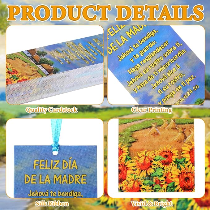 Skyygemm 60 Pcs Spanish Happy Mother's Bookmark Nameros 6: 24-26 Mother's Gift Bookmarks Religious Inspirational Bookmarks for Church Women Mom Appreciation Gift
