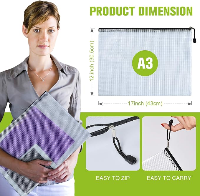 12PCS Mesh Zipper Pouch, Waterproof Tear-Resistant Document File Folders, A3 Size Zipper Documents Pouch Document Organizer Bags for School Office Home Travel Storage(17×12Inch)