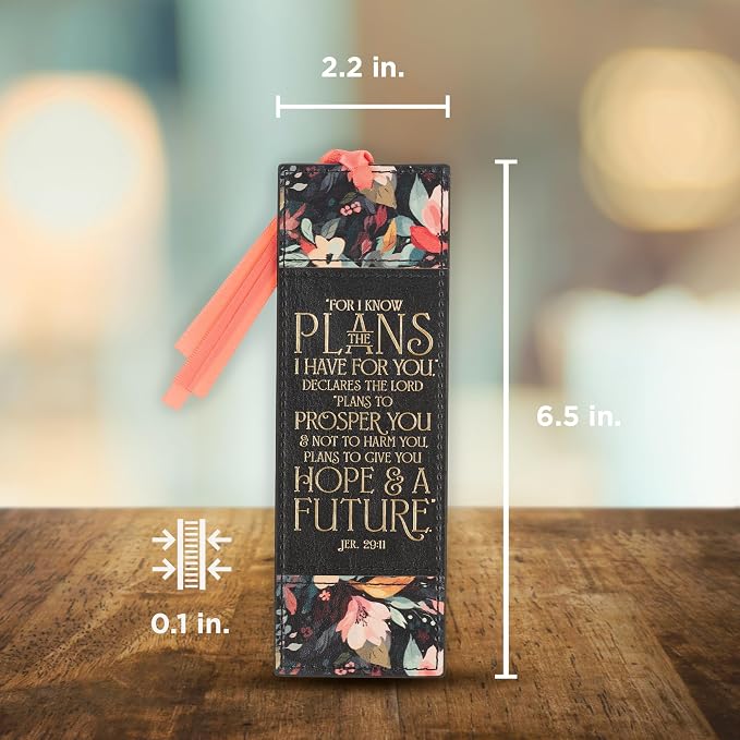 Christian Art Gifts Premium Inspirational Scripture Vegan Leather Women's Bookmark: I Know the Plans Encouraging Golden Bible Verse, Pink Satin Ribbon, Book Reading Accessory, Black Multicolor Floral