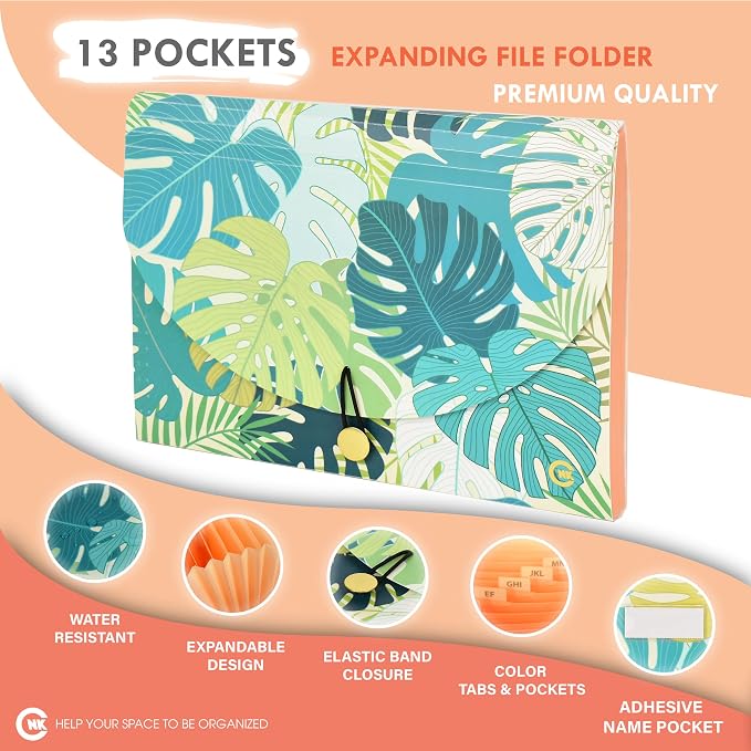 CNK File Folders Organizer with 13 Pockets Accordion Expanding Folder Documents Receipt Document Paper Pocket Filing Accordian Important Expandable Holder Files Alphabetical Labels Letter