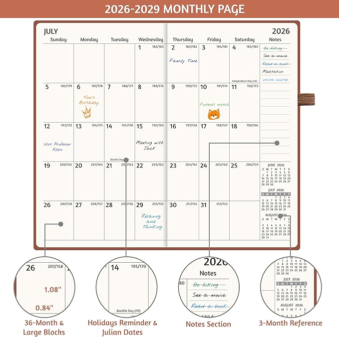 2026-2029 Pocket Monthly Planner, 3 Year Calendar 2026-2029, 6.2’’ x 3.6’’ x 0.67’’, Small Calendar 2026, 36 Months from Jul 2026 - Jun 2029, Hardcover, Back Pocket, Thick Paper, Lightweight to carry