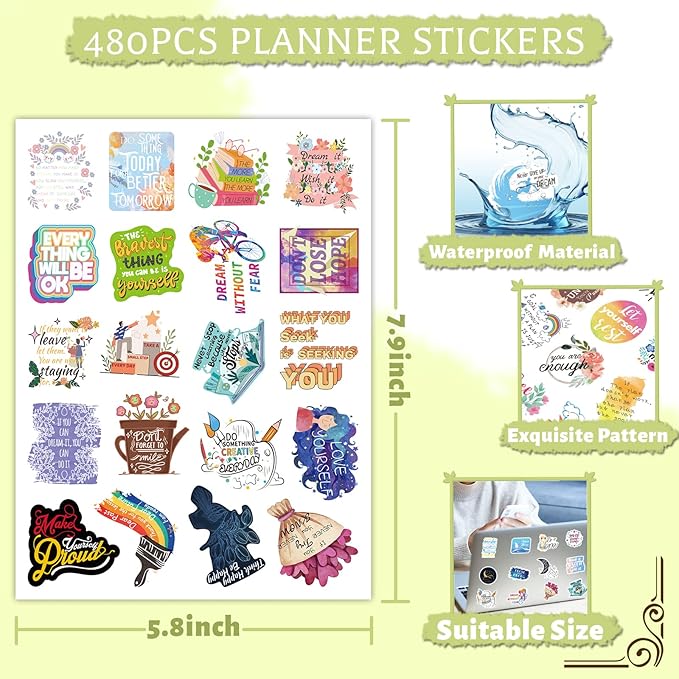 24 Sheets Motivational Quotes Planner Stickers for Journaling Supplies, 480 Pcs Inspirational Stickers for Scrapbook Calendar Laptop Sticker for Women Adults Teachers