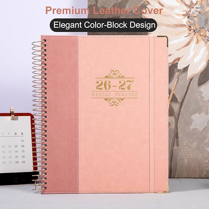 Planner 2026-2027, Leather Two-Tone Planner, 18 Month Weekly and Monthly Planner Calendar with Tabs, Jul 2026–Dec 2027, Large 8.5" x 11" A4 Hardcover Spiral Agenda Planner for Home, School and Work （Pink）