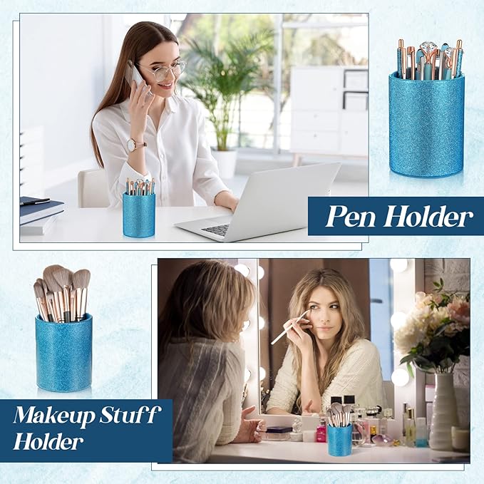 Sabary 8 Pcs Blue Pens with Pen Holder for Desk Glitter Crystal Diamond Cute Ballpoint Fancy Pencil Holder Bling Desk Organizer for Women Girls School Office Supplies Wedding Graduation Gifts