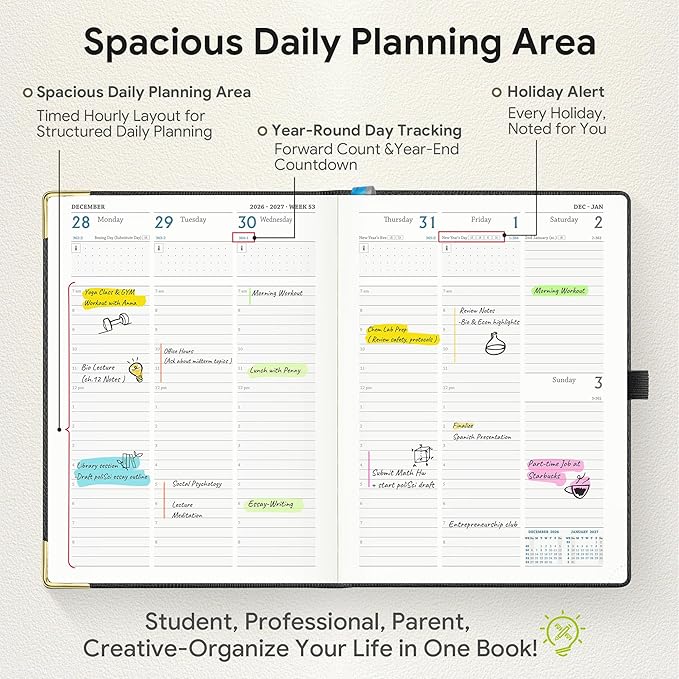 Planner 2026-2027 Weekly & Monthly Planner with Hourly Time Slots, 18 Month Academic Calendar July 2026 – Dec 2027, Vertical Layout, Monthly Tabs, Hardcover Business Agenda, Black