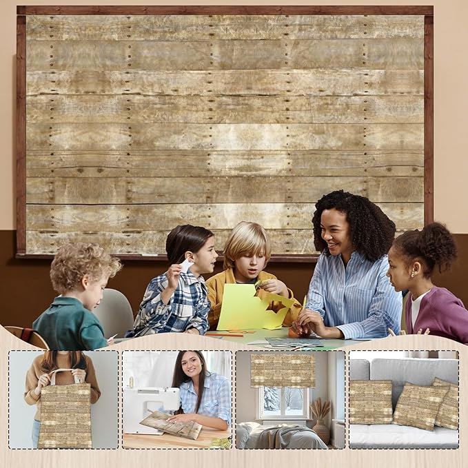 59×35In Fabric Bulletin Board Decoration for Classroom Wood Grain Linen Bulletin Board Decor with 30 Double Sided Adhesive Brown Wood Boards Rustic Background Art Craft for School Education Supplies