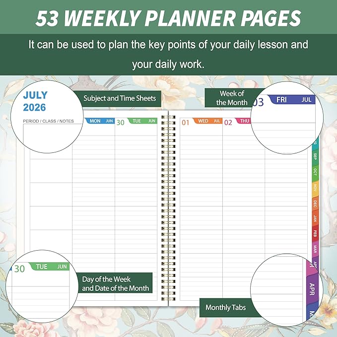Teacher Planner 2026-2027, Teacher Lesson Planner 2026-2027, July 2026 - June 2027, 8.42" x 11.02", New Version Inner Paper with Spiral Bound, Colorful Monthly Tabs