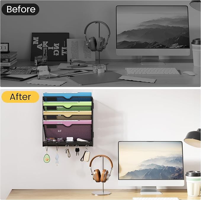 Hanging Wall File Organizer 5-Tier Wall Mount Mail Organizer & Desk Paper Organizer, Sleek Black Metal File Folder Holder for Office, Cubicle (Black-5 Tier)