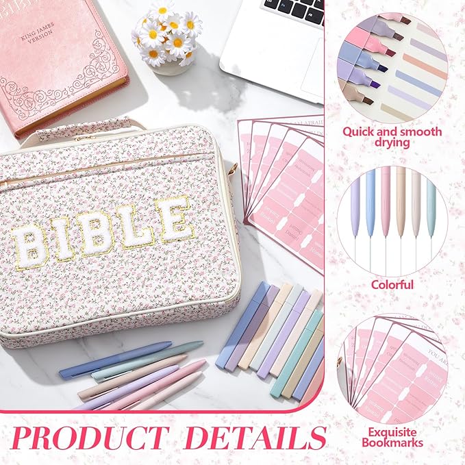 Sinload Quilted Bible Cover Case for Women 12 x 9 x 2.5 Inch Bible Chenille Letter Bag with Shoulder Strap Carrying Tabs 6 Colored Pens 12 Highlighters Christian Church Study Gifts(Pink,Floral,)