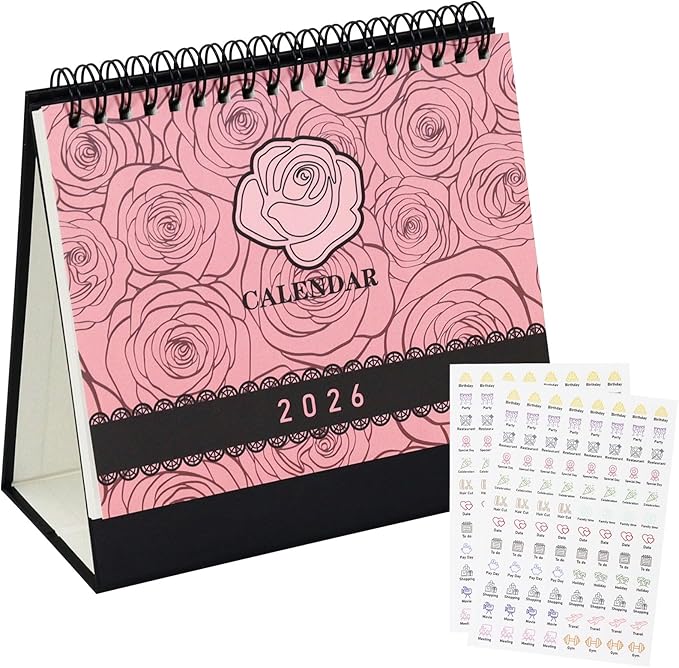 MultiBey Small Desk Calendar 2025-2026, Small 6.5"x6.5" Standing Flip Calendar for Desk, July 2025-Dec 2026, 18-Month Desktop Planner Year Monthly Calendars with To-Do Lists & Stickers (Rose)