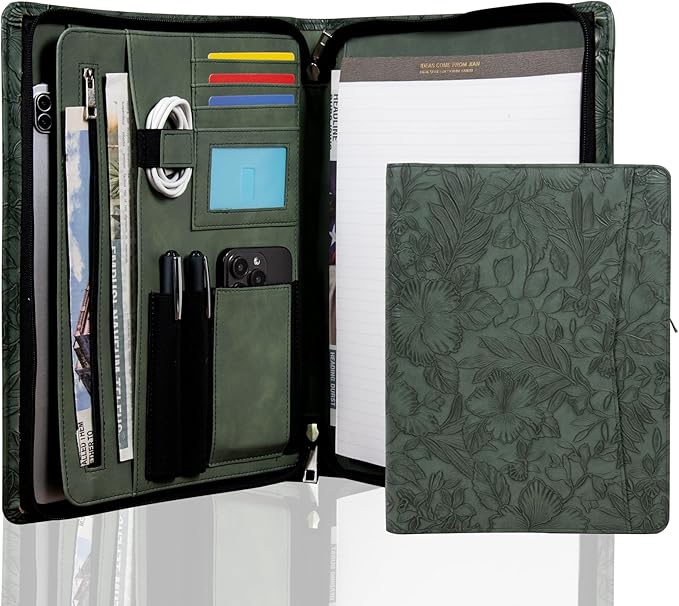 AZXCG Embossed Leather Padfolio for Women, Professional Bussiness Portfolio Organizer with A4 Notepad Holder, Zippered Portfolio Binder Fits 13" Ipad/Tablet,Gift for Women,Valentine's Day