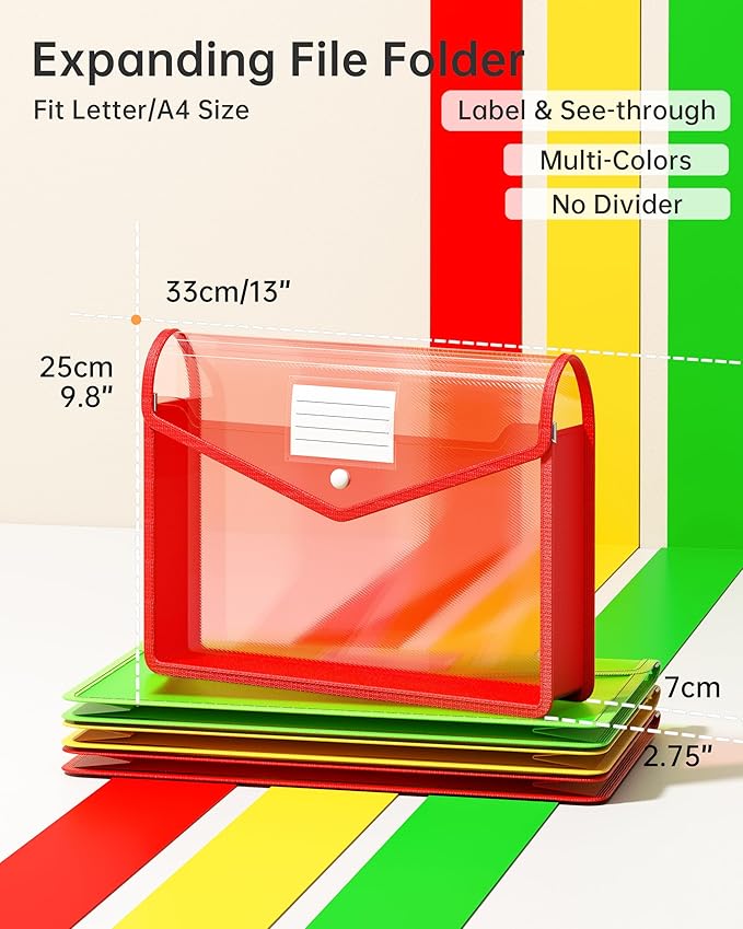 3 Pack Plastic Expanding File Folder, Transparent Envelopes with Snap Closure, Fit Letter/A4 Size for School/Office/Home/Hospital, No Dividers, Large Capacity-3 Colors