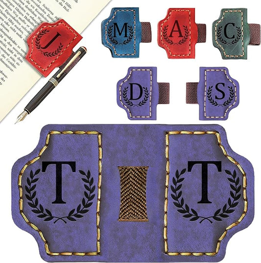 Custom Magnetic Bookmarks with Pen Holder, Personalized 26 Letters Name Initial Leather Bookmark, Leather Book Mark for Men Women Teachers, Readers Book Lovers Gifts (Purple, T)
