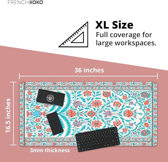 French KOKO Large Desk Mat 36" x 16.5" – Boho Floral Tapestry Mouse Pad for Keyboard & Mouse – Non-Slip Waterproof Desk Protector Aesthetic Office Pad for Women