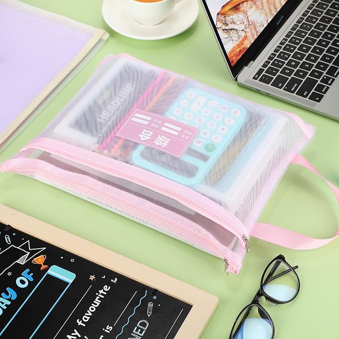 MotiMind 24 Pack Double Layer Mesh Zipper Pouch Bags 14.8 x 10.8 Inch Large Capacity Mesh Toy Storage Bags Colored Organizer Pouch with Handle for School Office and Home