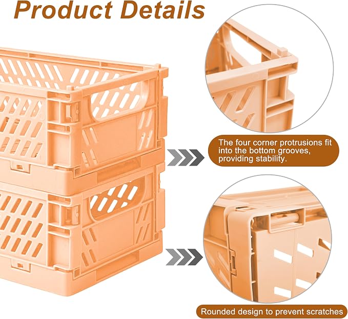 6 Pack Mini Foldable Small Plastic Baskets for Organizing and Storage，Collapsible Storage Crates,Mini Bins for Home Kitchen Bedroom Bathroom Office (Orange, Small 6x4x2.2)