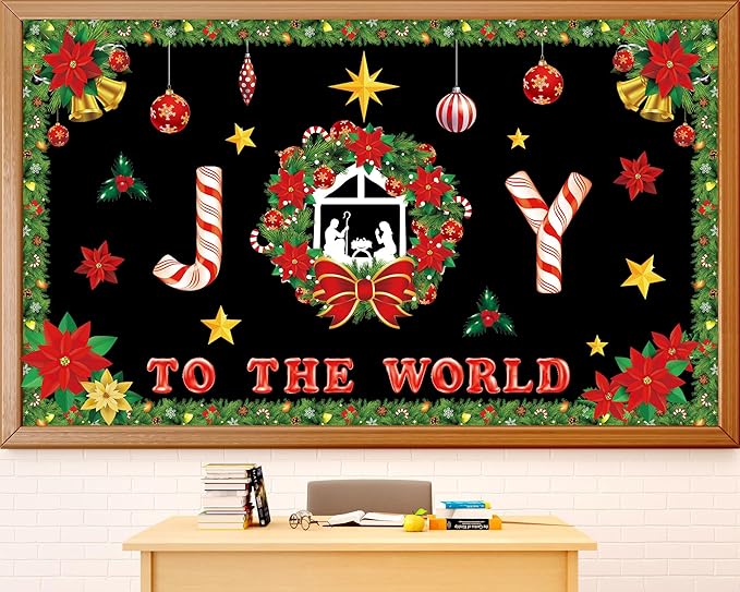 Christmas Nativity Bulletin Board Decorations Religious Joy to The World Classroom Decoration Christian Xmas Wreath Cutouts for Winter Holiday Home Office Church Sunday School Chalkboard Wall Supplies