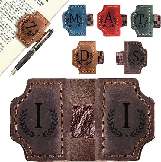 Custom Magnetic Bookmarks with Pen Holder, Personalized 26 Letters Name Initial Leather Bookmark, Leather Book Mark for Men Women Teachers, Readers Book Lovers Gifts (Coffee, I)