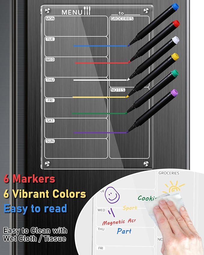 Magnetic Menu Board for Kitchen, Clear Acrylic Weekly Meal Planner Magnetic Calendar for Refrigerator Fridge Dry Erase Board Noteboard to Do Grocery Shopping List, 12x8’’