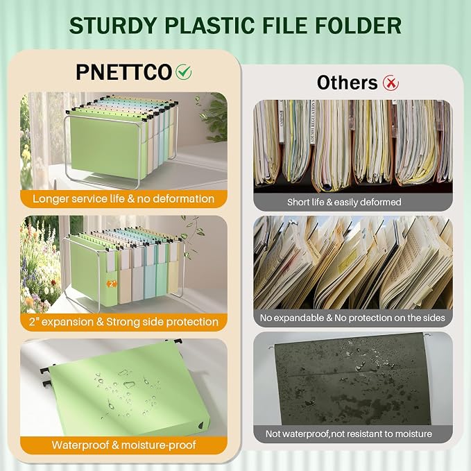 12 Pack Plastic Hanging File Folders, Letter Size Hanging File Folders 2" Expansion & 15x Tabs, File Folder Hang Folder for Filing Cabinet Drawer Office School Supplies, Pastel Folders