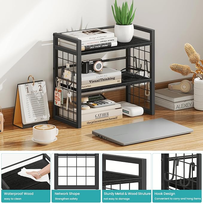 ELITEROO Desk Shelf Organizer, 2 Tier Desktop Bookshelf for Top of Desk Organization, Adjustable Wooden Storage Rack, Table Top Display Shelf for Home Office, Bedroom, Black
