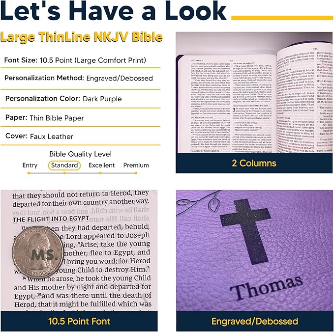 MerchSalad Personalized Custom NKJV Thinline Large Print Holy Bible with Name Includes Up To 3 Rows Of Text with Red-Highlighted Verses, Custom Gift for Christian & Religious Celebrations | Purple