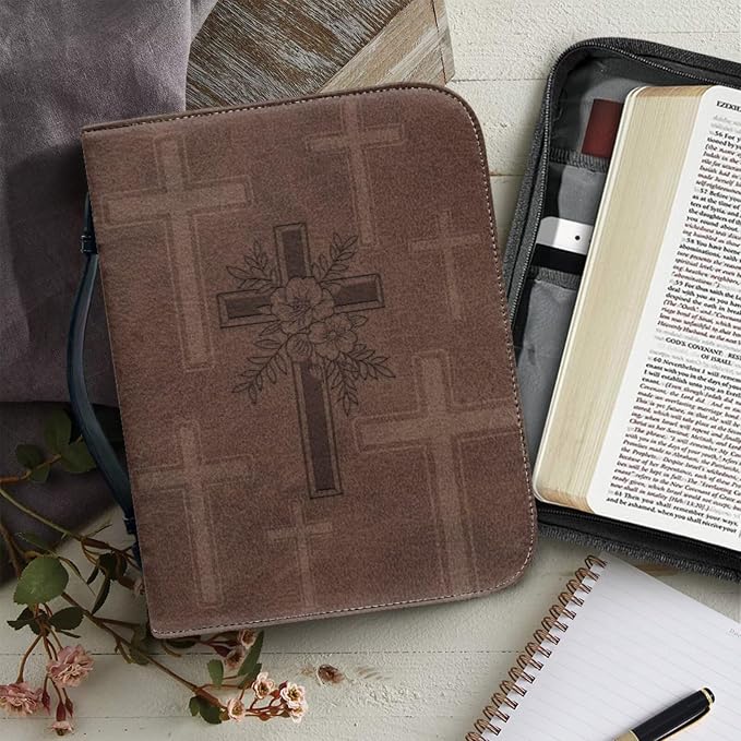 Vintage Religious Cross Bible Case with Bookmark Waterproof Bible Cover Case for Women Lightweight Bible Bag with Handle Pockets Church Book Bag Brown