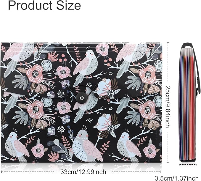 Uquelic 13-Pocket Expanding File Folder, Accordion File Holder with Elastic Buckles Closure – Holds Letter/A4 Size Documents, Floral Printed Accordion Folder, School Office Supplies(Bird Print)