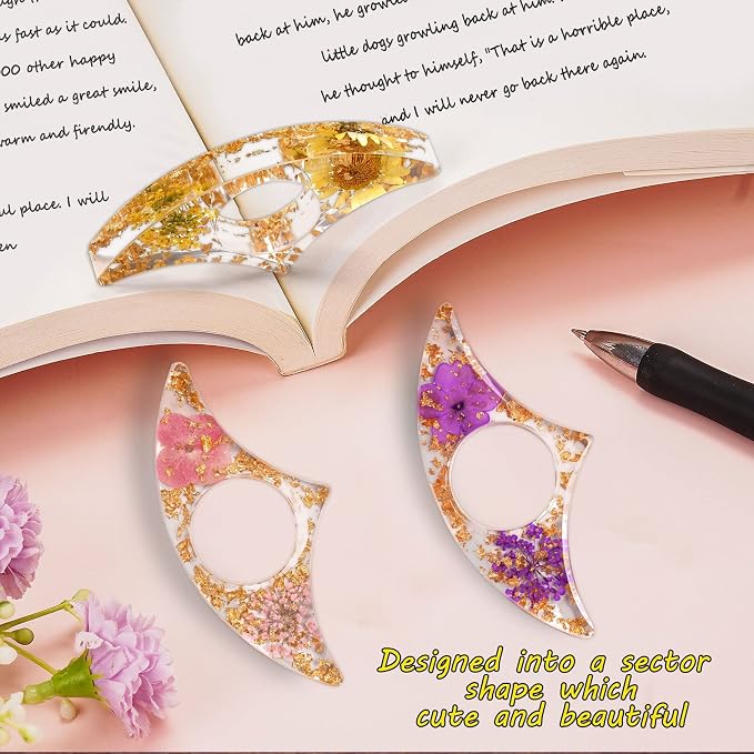 3 Pieces Book Page Holder-Dried Flower Resin Thumb Book Holder-Handmade Resin Holders Light Weight Book Opener Bookmarks Book Reading Accessories for Teachers Book Lovers (Sector Style)