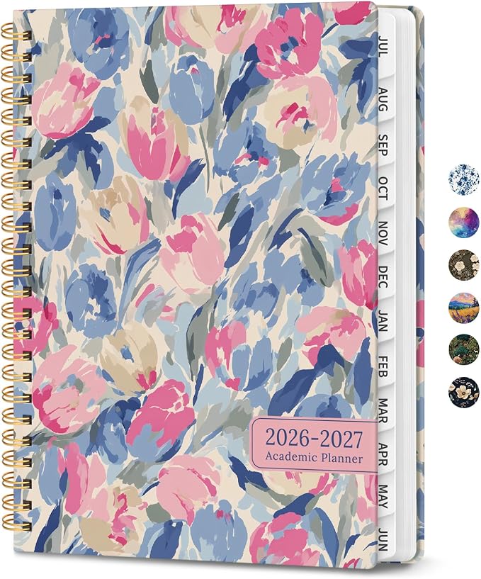 Planner 2026–2027, Academic Planner Weekly and Monthly Calendar Jul 2026 – Jun 2027 Hardcover Planner with Tabs and Pocket, Spiral Bound Agenda Book for Student & Teacher, 6.3" x 8.5", Soft Blossoms