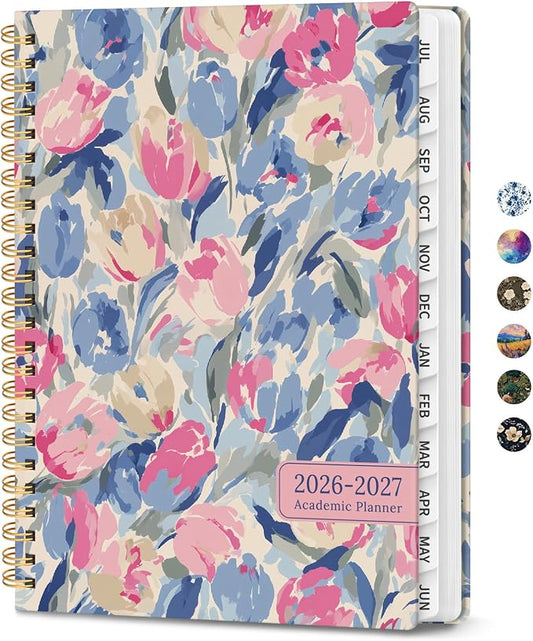 Planner 2026–2027, Academic Planner Weekly and Monthly Calendar Jul 2026 – Jun 2027 Hardcover Planner with Tabs and Pocket, Spiral Bound Agenda Book for Student & Teacher, 6.3" x 8.5", Soft Blossoms