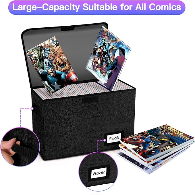Comic Book Storage Box 15.8" X 7.8" X 11.8", Collapsible Holds 160-180 Comic Book Organizer Heavy Duty Bin Container Holder Shelf (Black)
