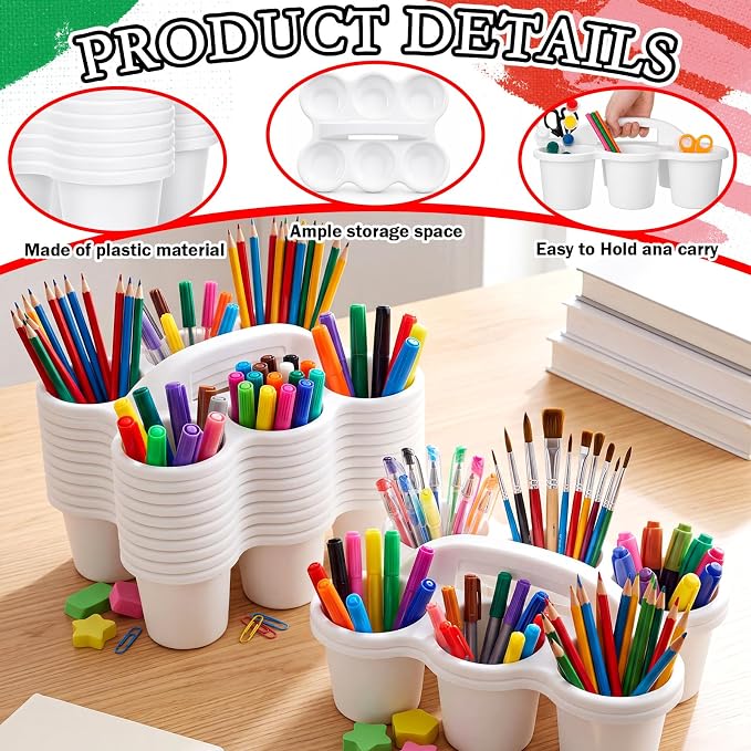 12 Pack Classroom Caddy Organizer with Handle Bulk Plastic Drink Cup Caddy Holder School Storage Supplies with 6 Compartments for Table Crayon Pencil Drink Delivery(White)