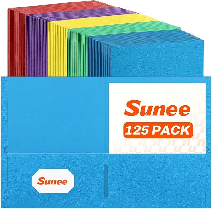 SUNEE Folders with Pockets(125 Pack, Assorted Colors), 2 Pocket Folders Fit Letter Size Paper, Paper File Folder for School Office Home Bussiness