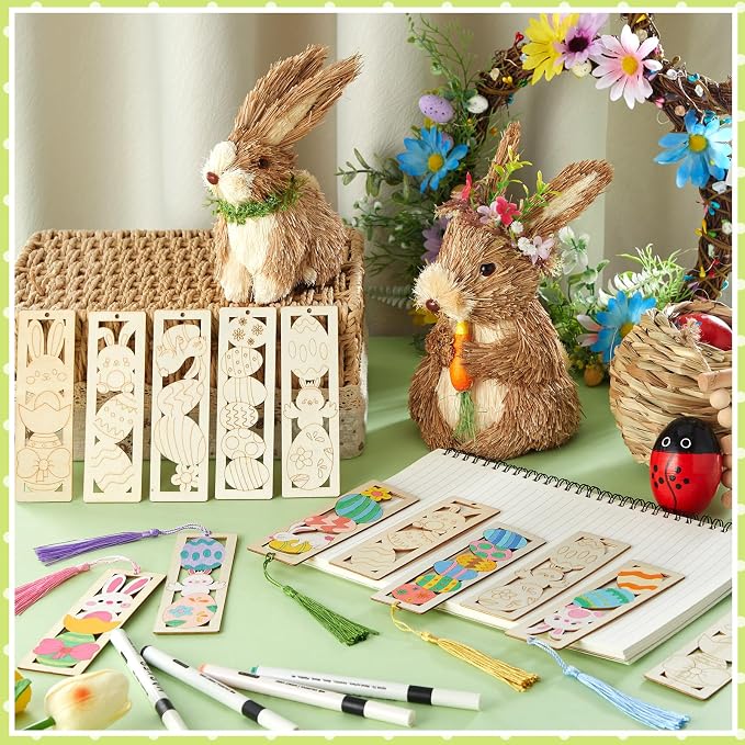 Yexiya 100 Pcs/50 Set Easter Wooden Bookmarks DIY Craft Kit, Bunny Egg Flower Bookmark Art Set for Book Lovers, Easter Birthday Party Holiday Gifts Art Project