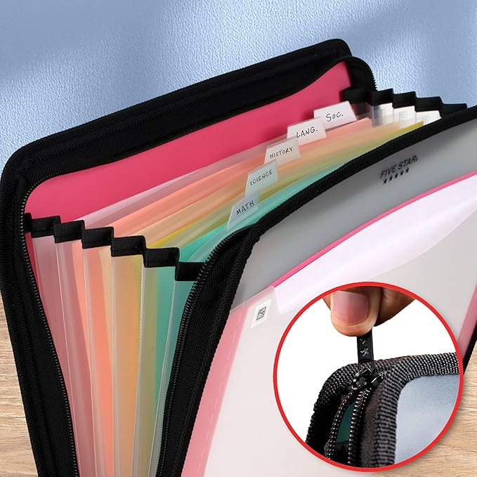 Five Star Expanding File Organizer + Study App, 7-Pocket Accordian File Organizer, Zipper Closure, Holds 8-1/2" x 11" Paper, Prom Pink (350099R)