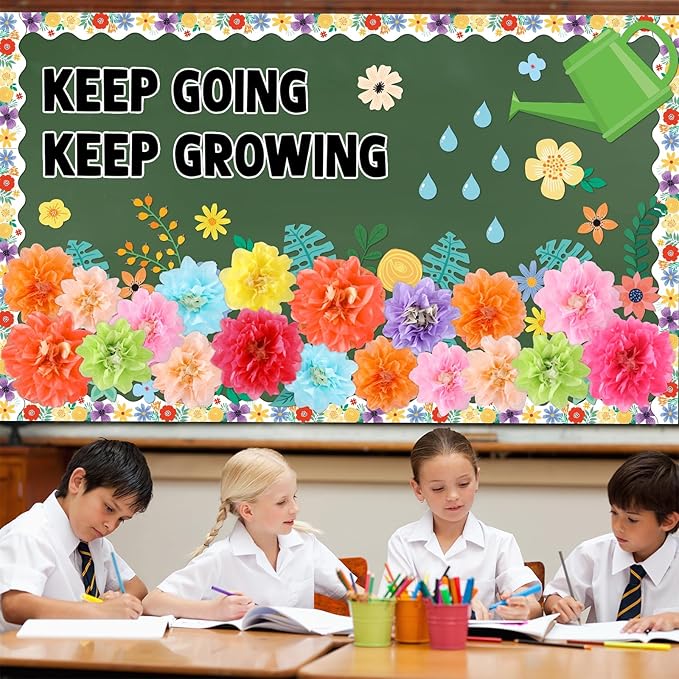 3D Summer Wildflowers Bulletin Board Set Keep Going Keep Growing Bulletin Board Paper Flowers Classroom Decorations Floral Blackboard Border Sunflower Cutout for Back to School Classroom Wall Decor