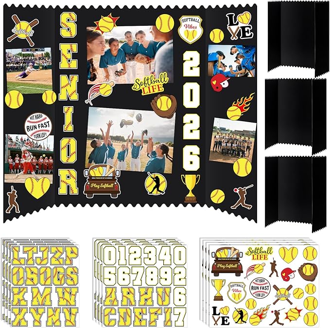 Tinlade 3 Set Softball Senior Night Gifts Senior 2026 Photo Display Board 24" x 16" Trifold Poster Board with Softball Themed Stickers for Graduation Picture Frame Sport Theme Party Supplies