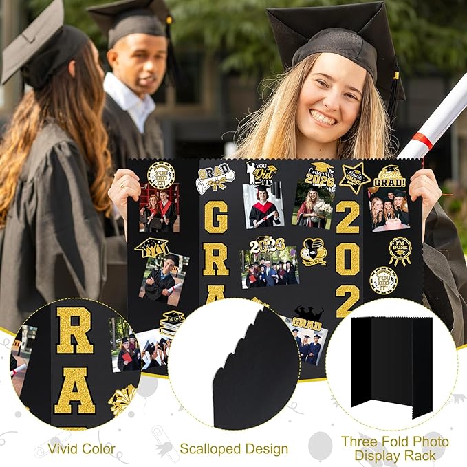 4 Set Graduation Photo Display Board, Class of 2026 Black Gold Trifold Poster Board with Grad Pattern Stickers, Graduation Photo Props Collage for Multiple Pictures Party Decorations, 16x24 Inch