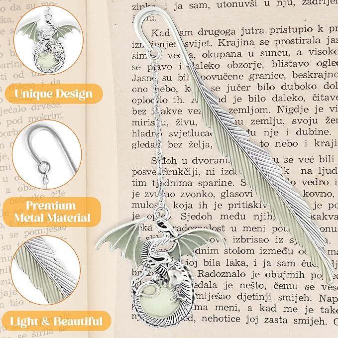 Jeffdad Feather Dragon Bookmark - Glow in The Dark Fantasy Bookmark Gifts for Women & Men (Silver Dragon)