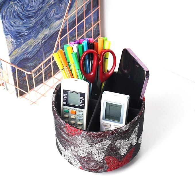 Round Leather Art Supply Organizer,Remote Control Holder,360-degree Rotating Pen Organizer with 4 Compartments(1-Butterfly Red)