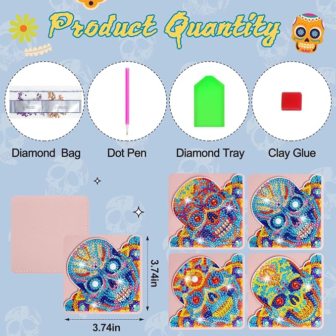 WIVICO 4 pcs Diamond Painting Bookmarks, DIY Diamond Art Kits for Adults, Book Corner - Protecting Bookmark Craft Supplies Kits for Book Lovers(Halloween Skull)