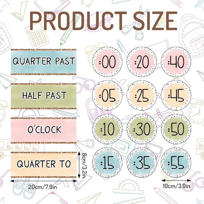 FYSUIMU 16 Pcs Telling Time Bulletin Board Decorations Back to School Boho Colored Clock Numbers Labels Classroom Decor with Glue Points Teaching Clock for Kids First Day of School Teacher Supplies