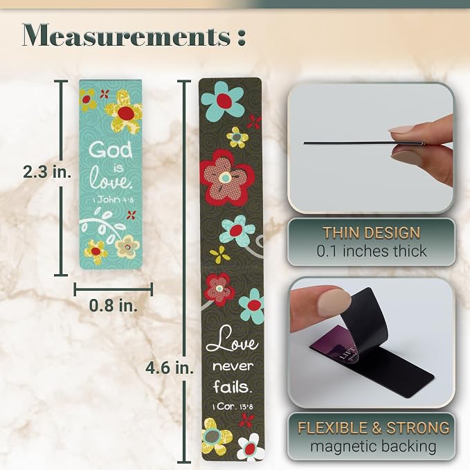 Christian Art Gifts Magnetic Scripture Bookmark Set with Bible Verse: God's Love Never Fails - Inspirational Magnetic Pagemarkers Set of 6 for Bible and Books, Floral Themed Bookmark, Size 2.3" x 0.8"